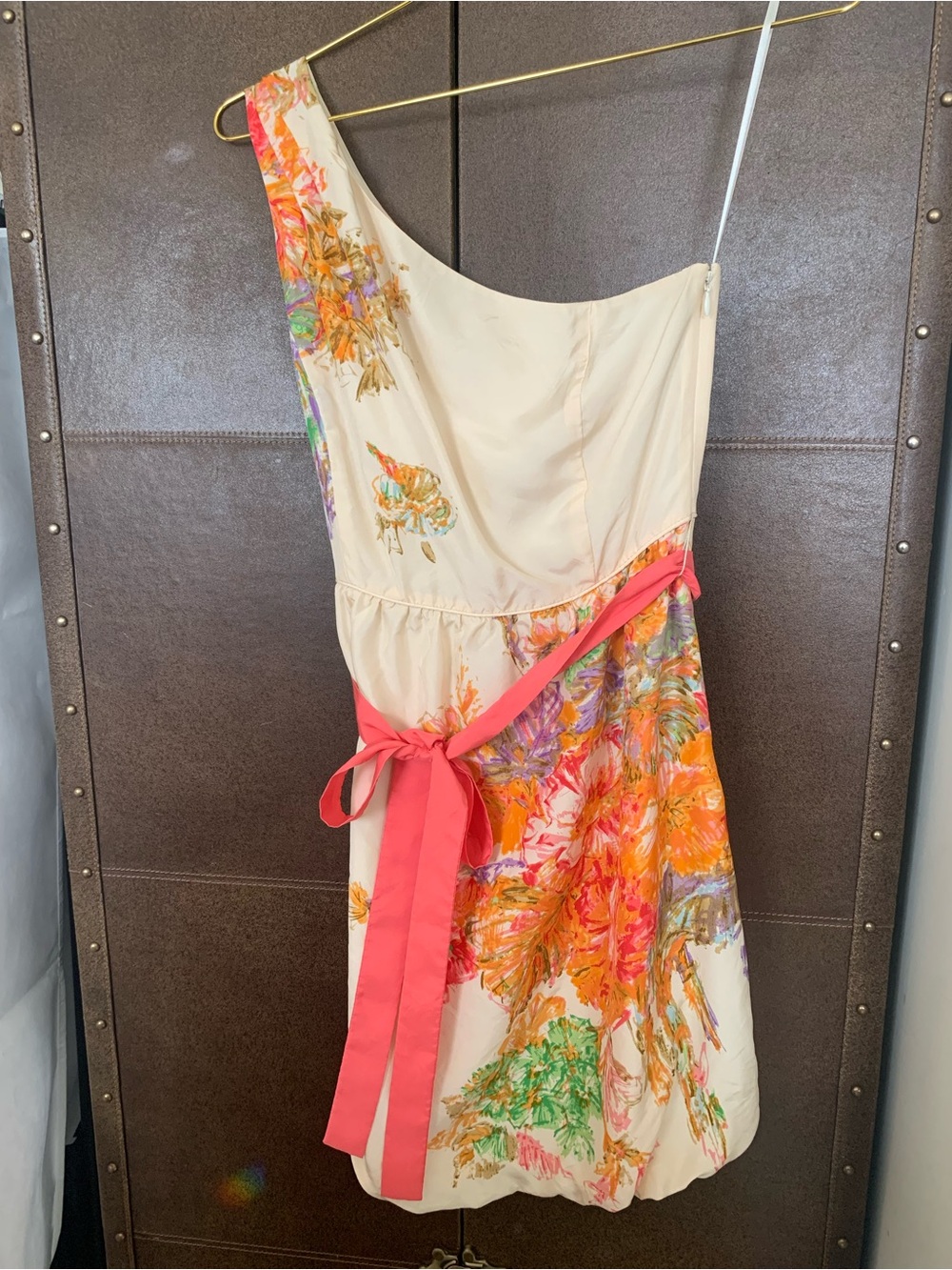 J. Crew One-Shoulder Floral Cream Dress with Coral Sash